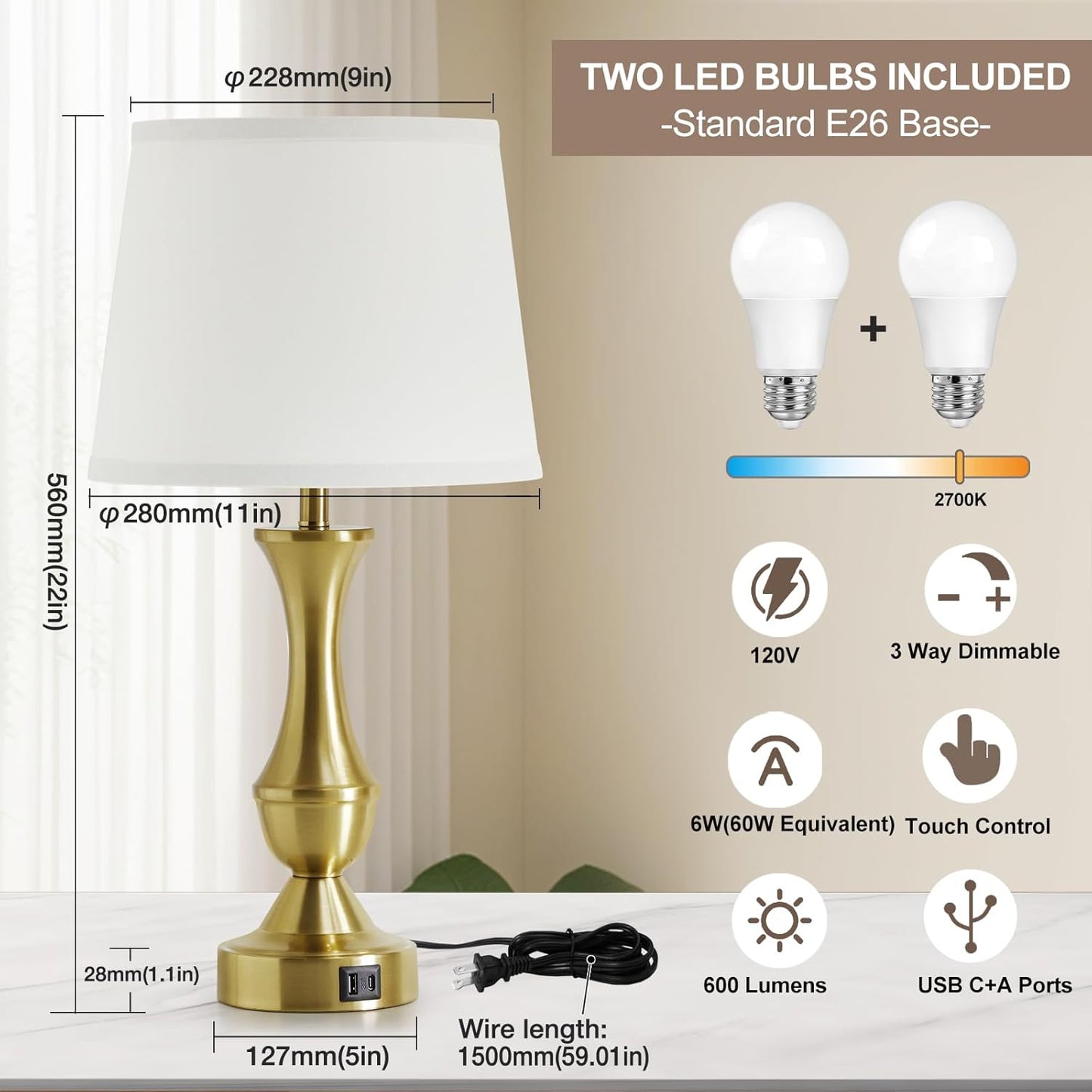 Luvkczc 22" Gold Table Lamps Set of 2 - Modern Luxury Bedside Lamps with White Fabric Shade, 3-Way Dimmable & Dual USB C+A Ports, Nightstand Lamps for Bedroom/Living Room (Bulb Included)