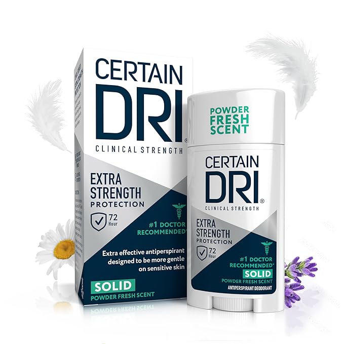 Certain Dri Extra Strength Clinical Solid Antiperspirant, 72-Hour Sweat & Odor Protection for Hyperhidrosis, Maximum-Strength, Powder Fresh Scent, 1.7 oz, (Pack of 1)