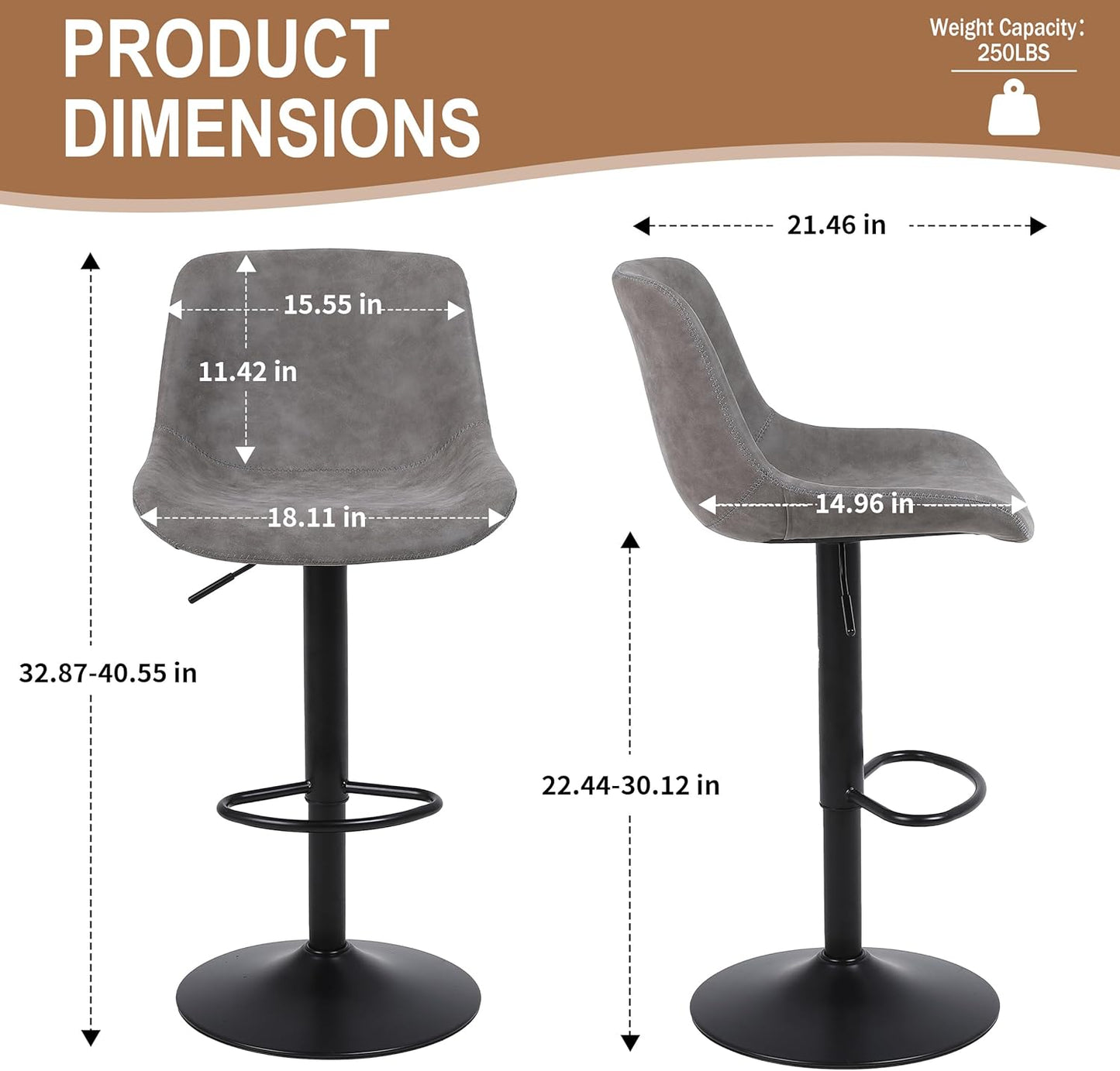 Bar Stools, Swivel Counter Height Barstools with Back, Adjustable Modern Bar Chairs, Tall Armless PU Leather Kitchen Island Stool (Grey, Set of 1)