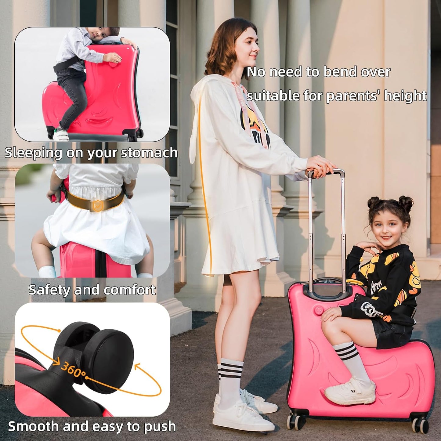 AO WEI LA OW Duffel Bag for Kids Ride-On Suitcase Carry-On Luggage with Wheels (Fuchsia, 24 Inch(suggest 6-12 years old))