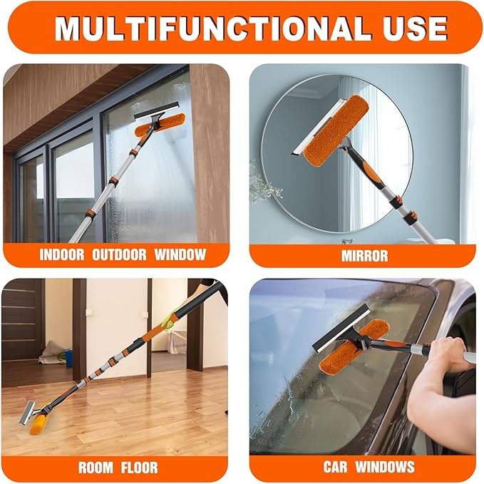 20FT Reach Window Squeegee with Extension Pole, 2-in-1 Professional Window Washing Kit for Home, Indoor Outdoor Squeegee with Rotatable Head for High Windows