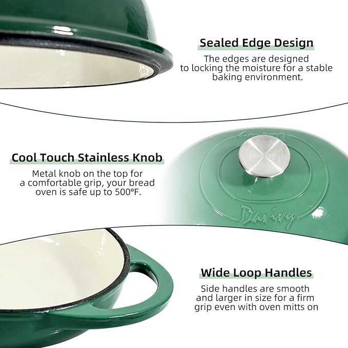 Davivy 6QT Oval Bread Dutch Oven with Domed Lid, Enameled Cast Iron Dutch Oven for Sourdough Bread Baking 6QT, Oval Cast Iron Sourdough Bread Pan with Lid - Forest Green