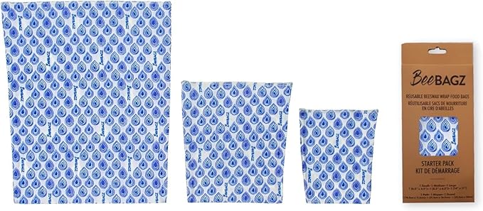 BeeBAGZ - Beeswax Wrap Storage Bag, Reusable Food Storage Bags, Pack of 3, Plastic Free Biodegradable Food Wrap Alternative, Starter Pack, 1 Small + 1 Medium + 1 Large, (Blue)