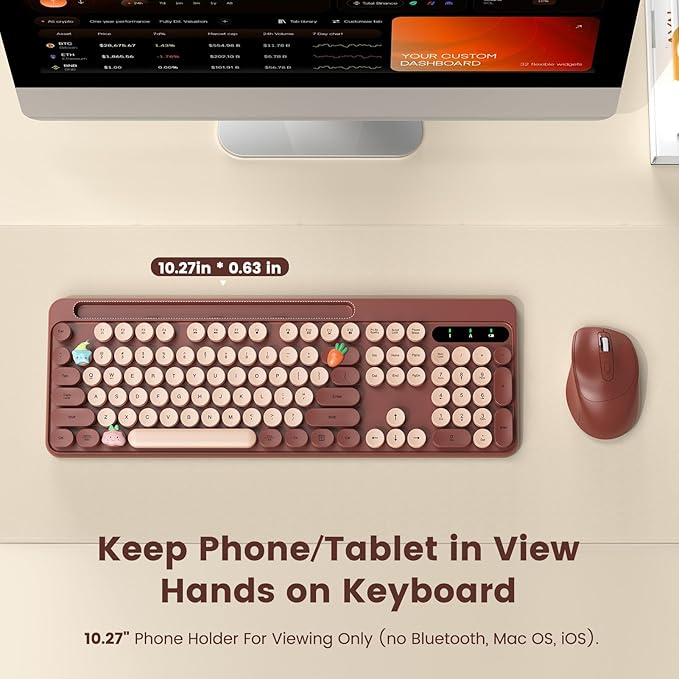 Wireless Keyboard and Mouse Combo, Retro Round Keycaps, Full-Size Stylish Typewriter Keyboard with Phone/Tablet Holder, Ergonomic Mouse with 3-Level DPI, 2.4GHz Connection for Windows/PC (Burgundy)
