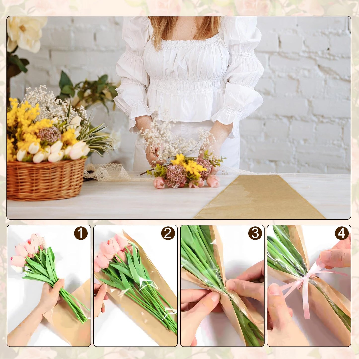 PIKBIU 50PCS Flower Bags for Bouquets Kraft Paper Flower Sleeves Wrapping Paper Clear Front Floral Bags Florist Wrap Supplies 24.8 x 8.7 Inches
