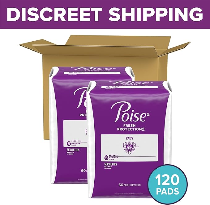 Poise Incontinence Pads & Postpartum Incontinence Pads, 5 Drop Maximum Absorbency, Long Length, 120 Count (2 Packs of 60), Packaging May Vary