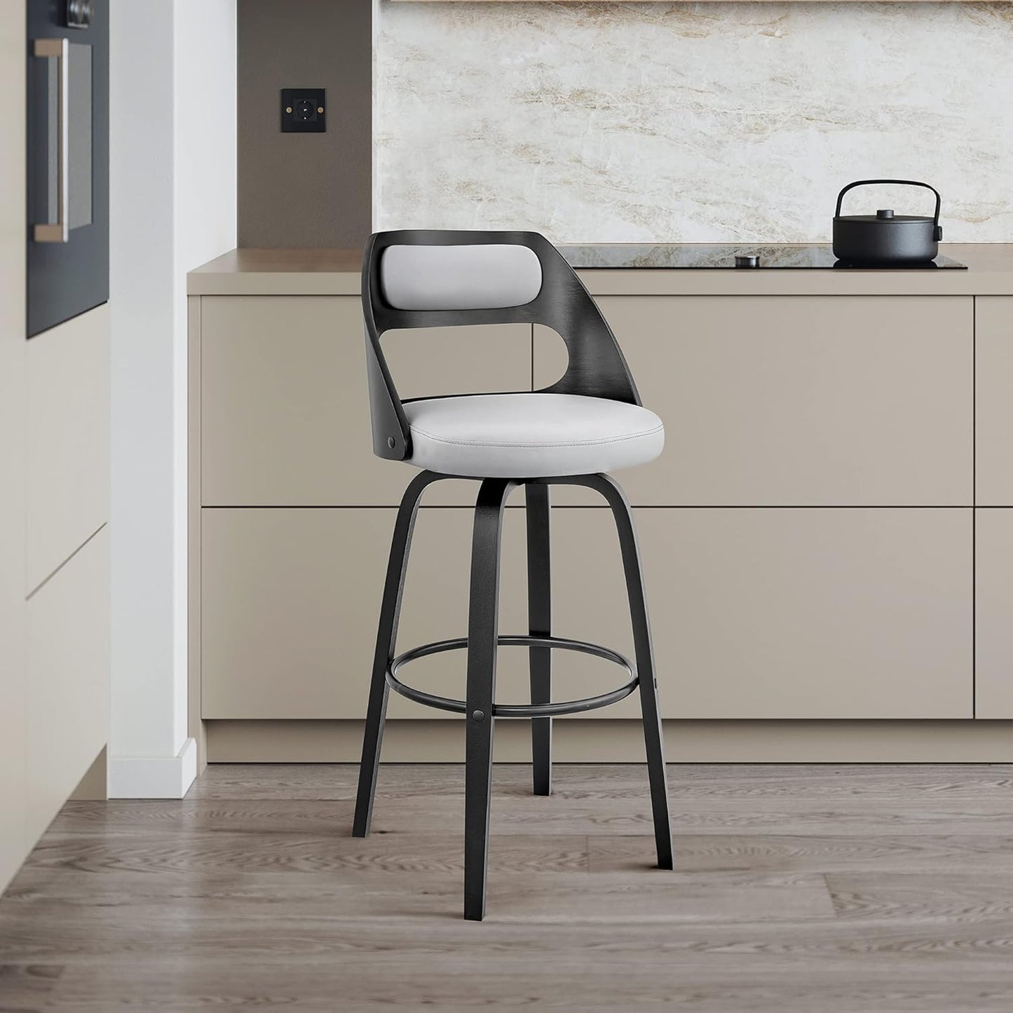 Armen Living Julius Mid Century Modern Swivel Bar Stool for Kitchen Island Counter in Gray Faux Leather and Black Wood, 26" Seat Height