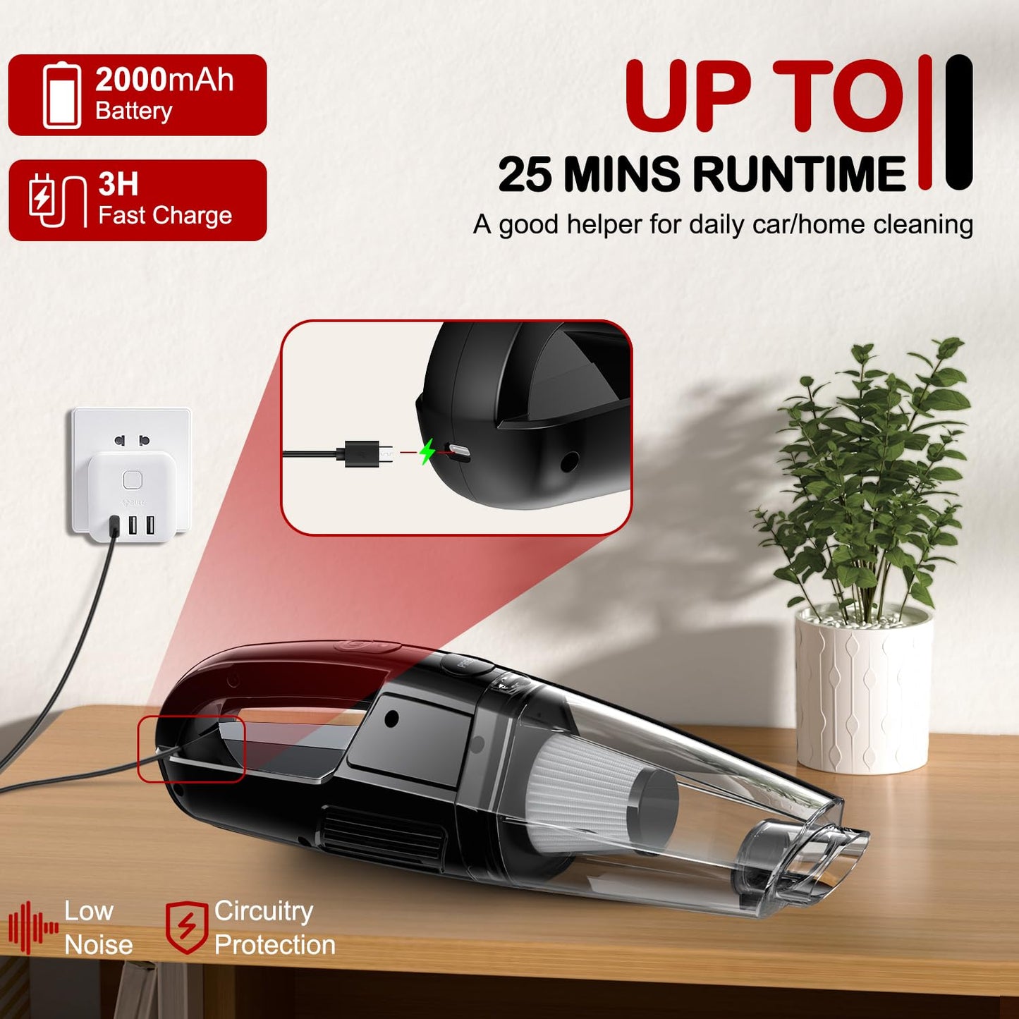 Bsrco Handheld Vacuum Cordless Rechargeable 8000Pa, Car Vacuum Portable Cordless, Hand Vacuum Rechargeable, 3 In 1, Lightweight,