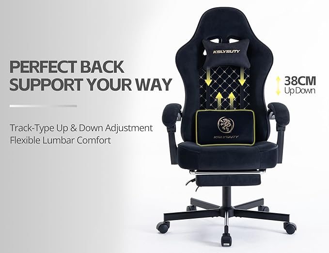 Gaming Chair for Adults with Footrest and Lumbar Support, Height Adjustable Game Chair with 360°-Swivel Seat and Headrest and for Office or Gaming (Black Fabric)