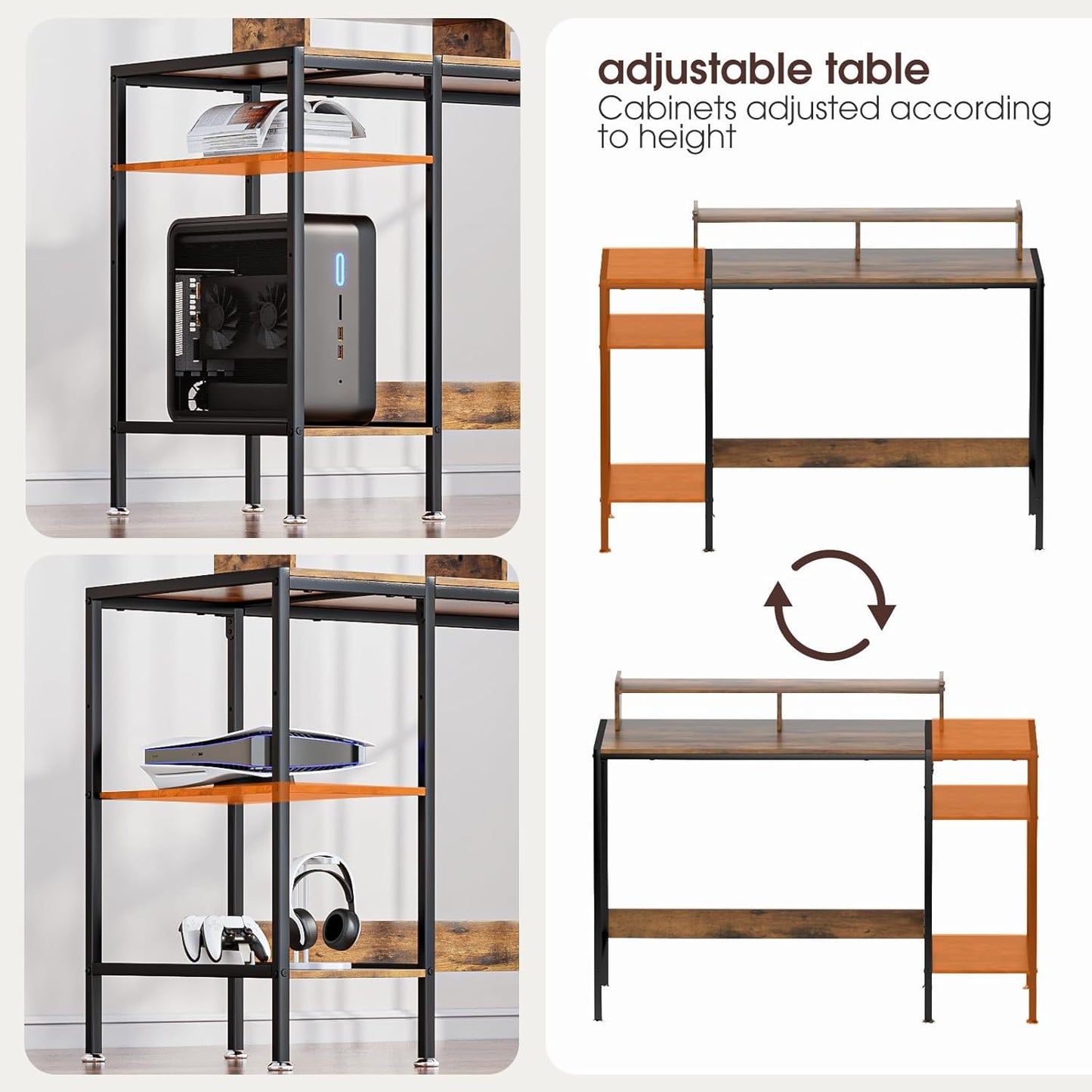 Computer Desk Gaming Desk with Monitor Stand, Home Office Desk Suitable for 2 Monitors, Writing Desk with Adjustable Storage Space,Sturdy and Durable Modern Small Desk (Vintage, 47inchs)