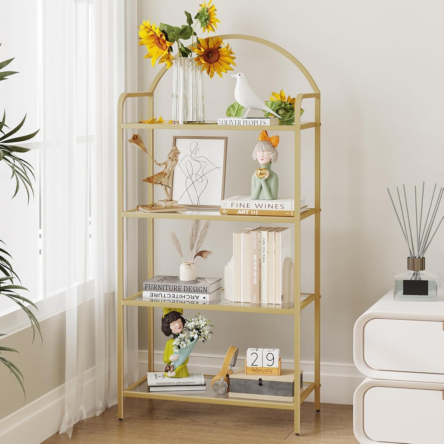 Bookcase Bookshelf, Tempered Glass Bookshelves, Slim Shelving Unit for Bedroom, Bathroom, Home Office, Steel Frame, 4 Tier Gold BC21499G