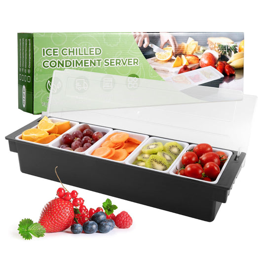 WICHEMI Fruit, Veggie & Condiment Caddy with Lid Dispenser Tray Plastic Garnish Station for Bartending & Serving Taco, Ice Cream, Salad Bar - Topping Organizer for Restaurant Supplies (5 Compartment)