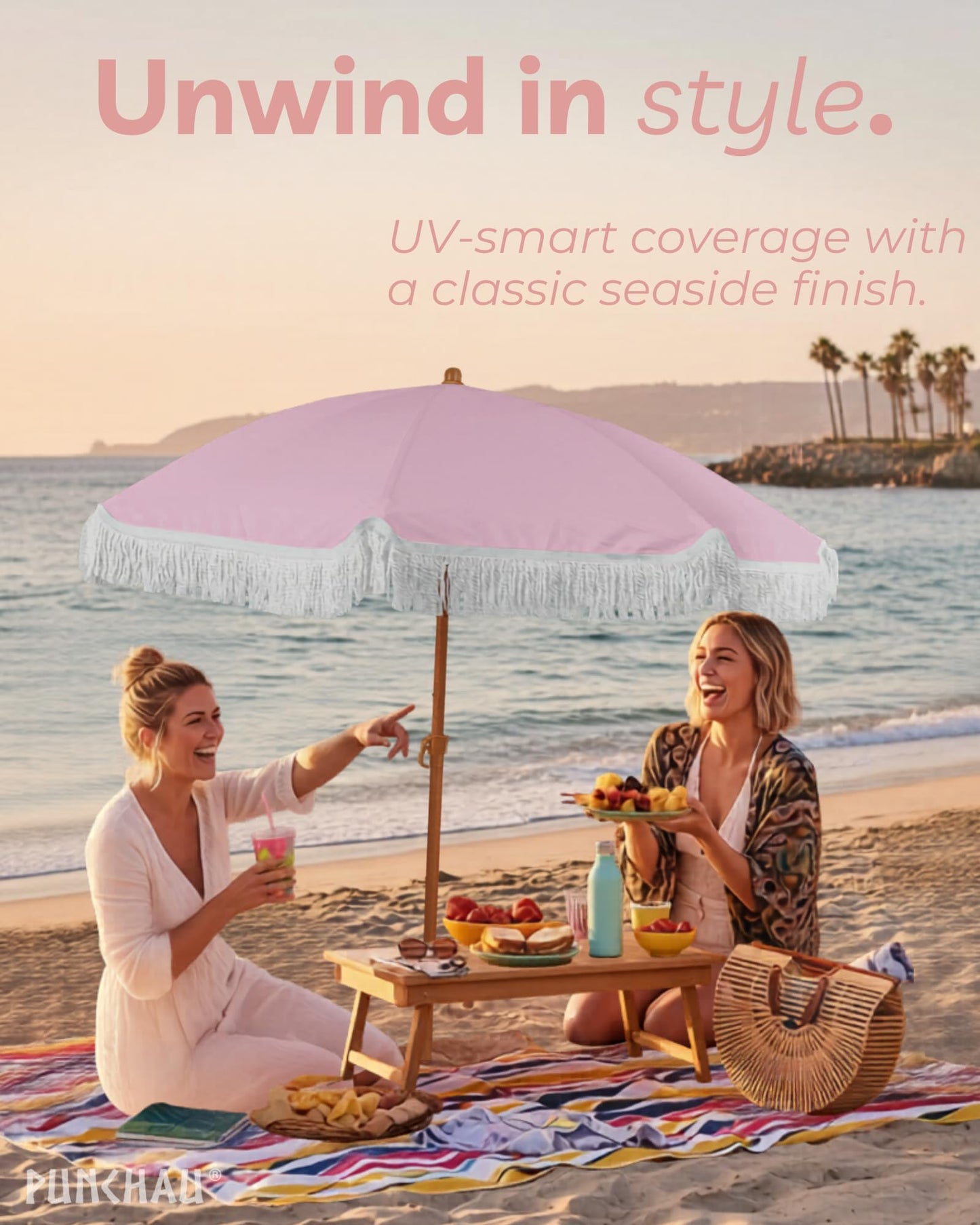 Punchau 6 Ft Fringe Patio Umbrella - Outdoor Umbrella for Patio, Pool, Table, Garden, Deck, and Beach - Push Button Tilt Pole - Fashionable Boho Vintage Tassels and Wood Print - Pink