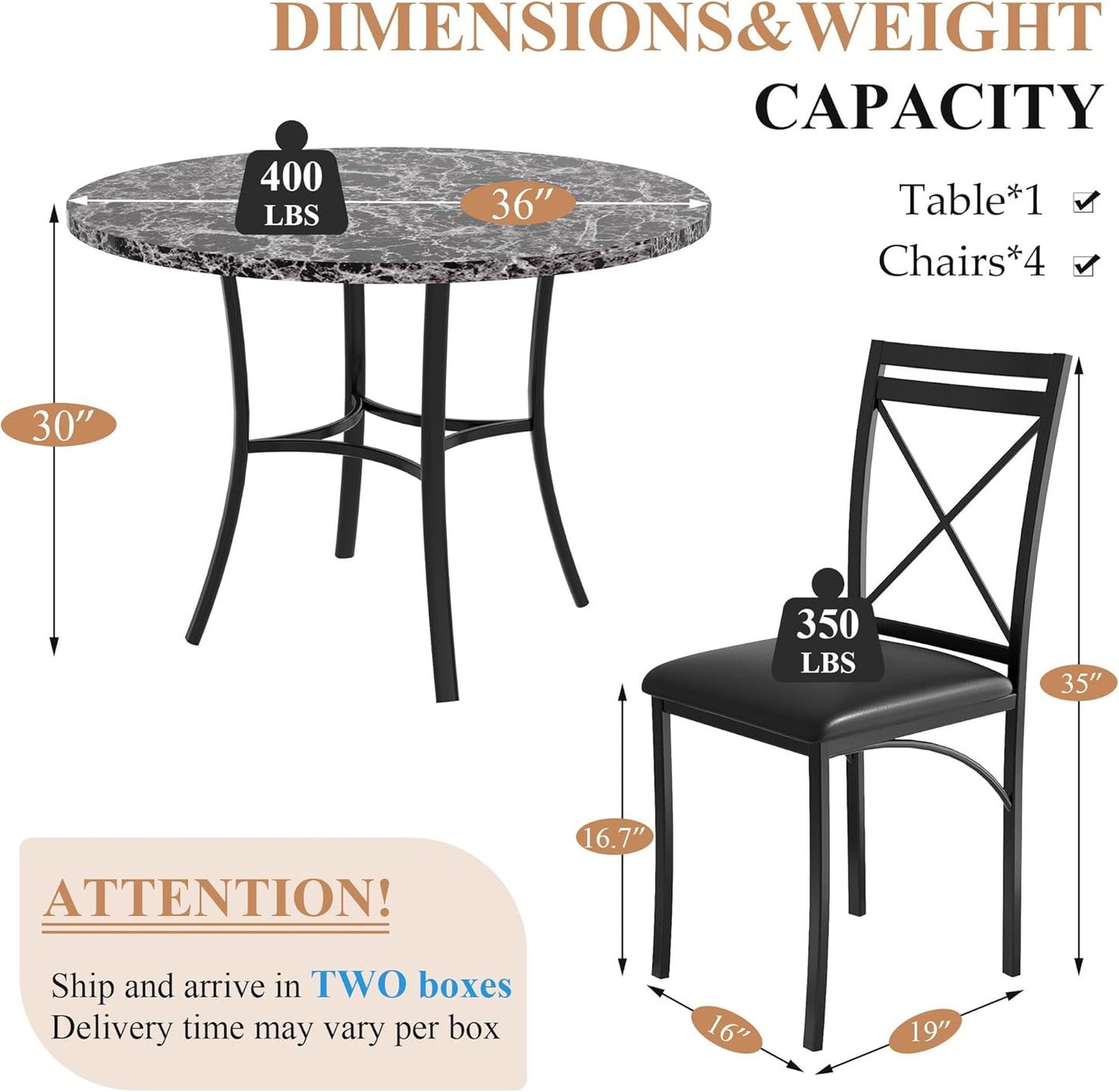 VECELO 5 Piece Dining Table Set for 4, Faux Marble Dinette with Chairs for Kitchen, Breakfast Nook, Small Space, Dark Black