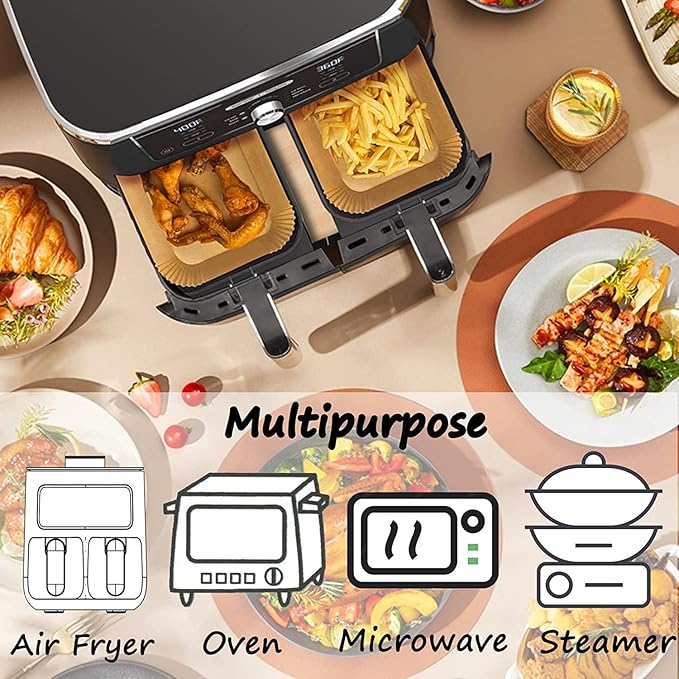 HONYAO Air Fryer Paper Liners for Dual Zone Airfryer, 200pcs 8.1x5.5 inch Rectangle Disposable Inserts for Ninja Foodi DZ201 DZ401 DZ550 other 8-10 qt 2-Basket Air Fryers, Food Grade BPA Free