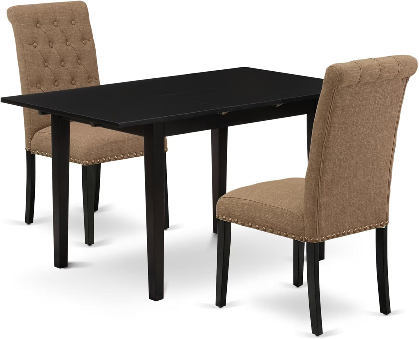 East West Furniture NOBR3-BLK-17 3 Piece Dining Room Table Set Contains a Rectangle Kitchen Table with Butterfly Leaf and 2 Light Sable Linen Fabric Parson Chairs, 32x54 Inch, Black