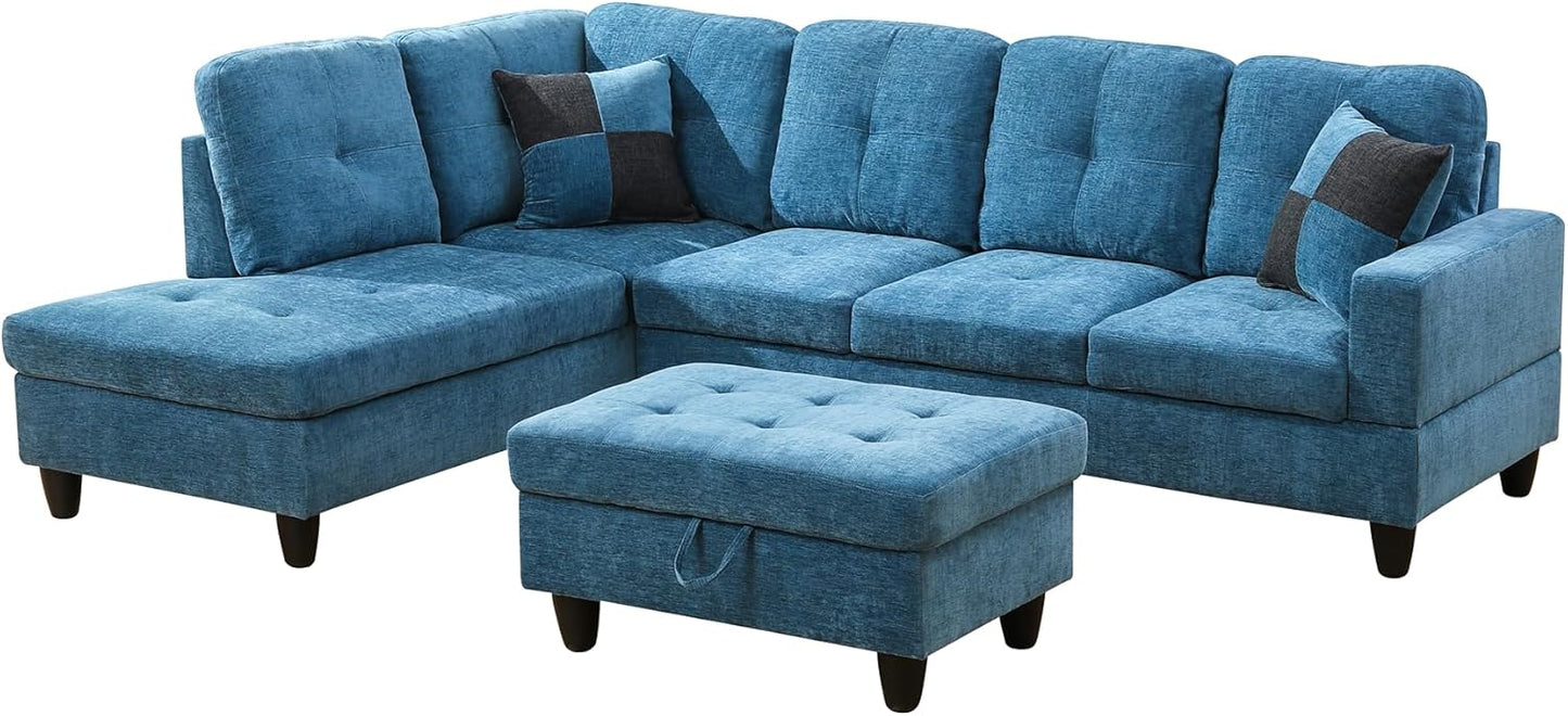 Osparple L Shaped Couch Sectional Couches for Living Room Upholstered Flannel 3 Pieces Modular Sectional Sofa with Chaise, Ottoman with Storage for Living Room and Small Apartment, Steel Blue