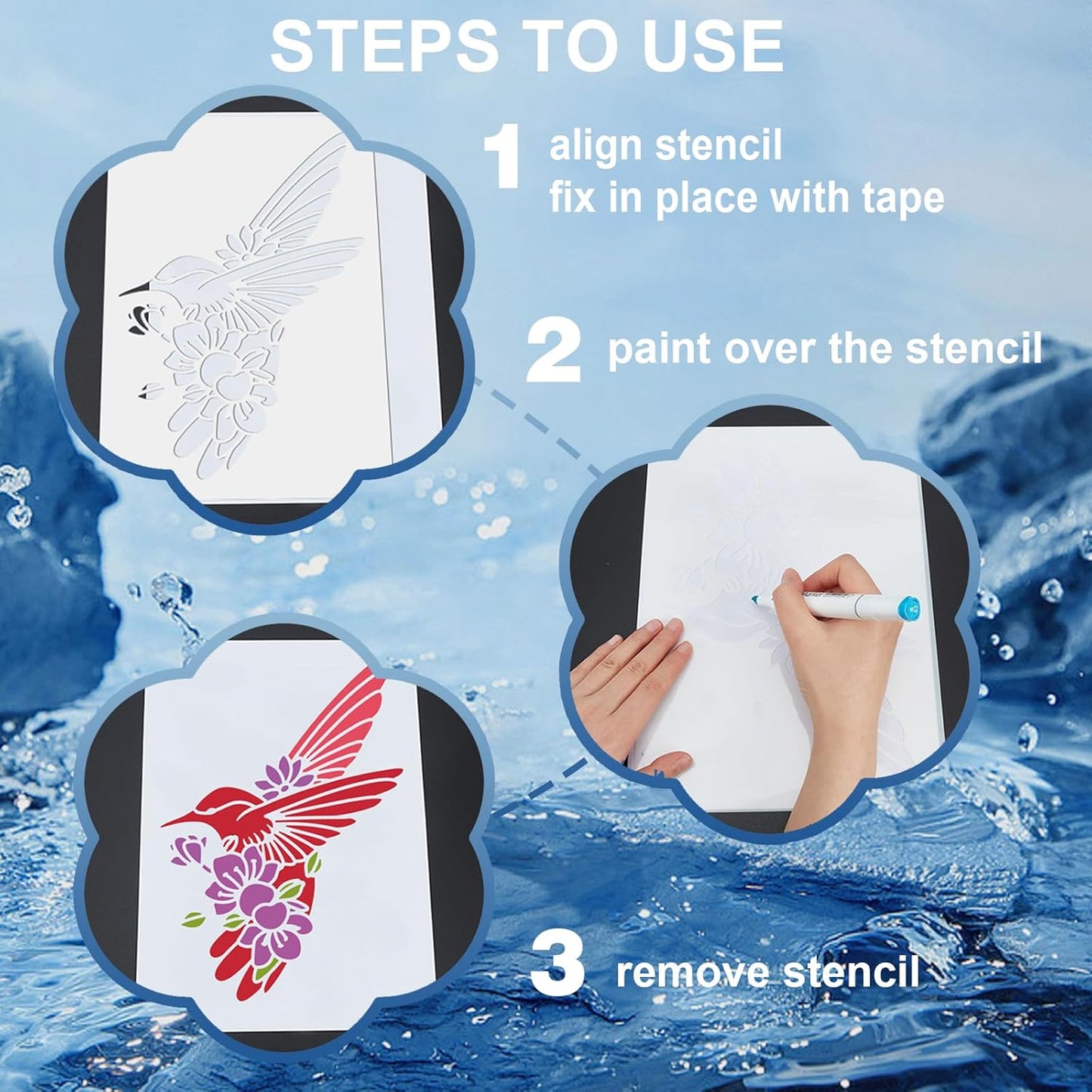 MAYJOYDIY 3pcs Chinese Style Tree Stencil 23.7×22 Splicing Large Traditional Flower Birds Tree Stencils with Paint Brush Spring Peach Blossom Lantern 11.8×11.8inch Template for Wood Walls Art Craft