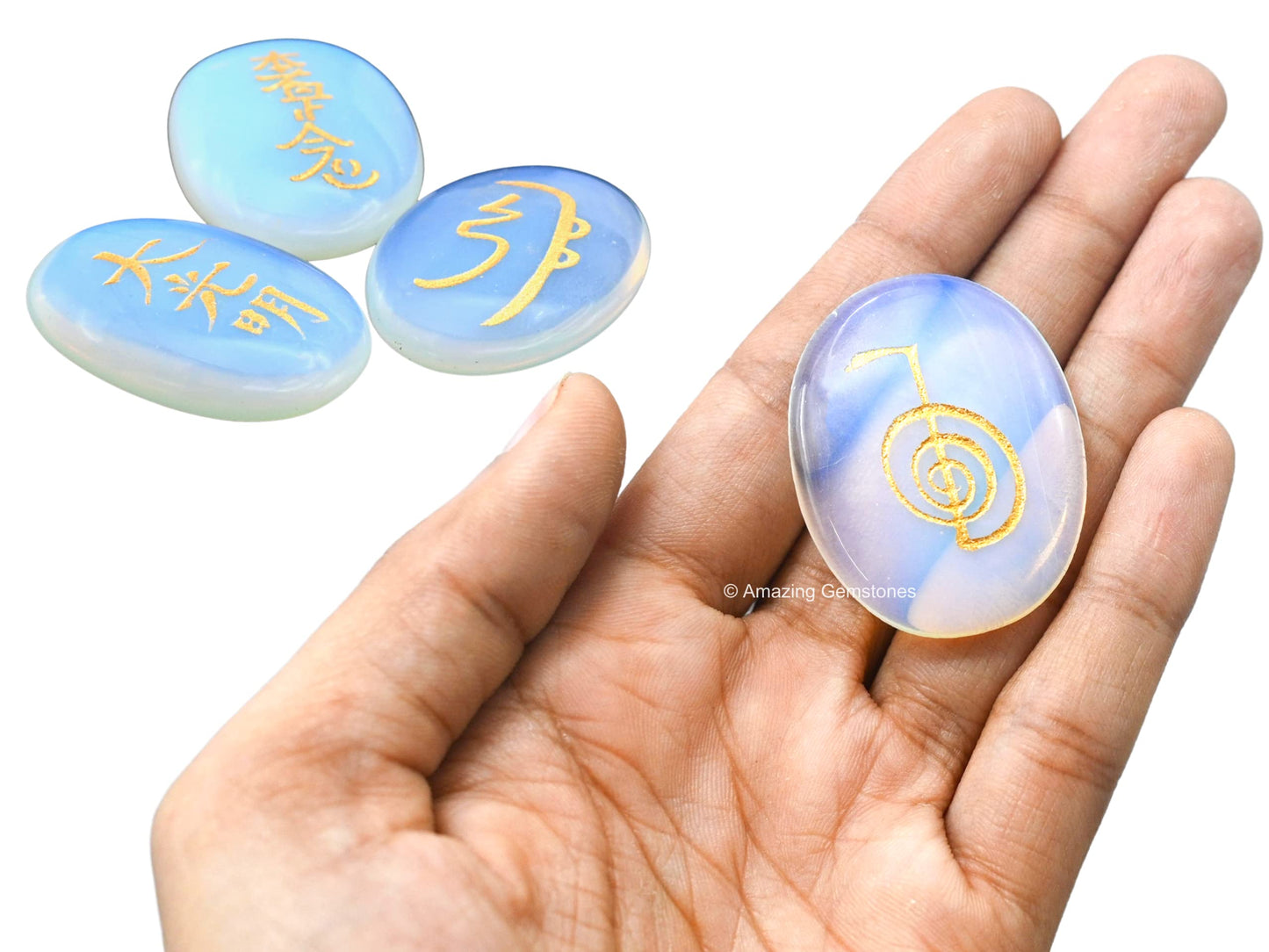 Amazing Gemstone Opalite Crystal Reiki Stones with Engraved Symbols for Usui Reiki Healing, Set of 4 Pcs (Indian Handmade Reiki Gift Set)