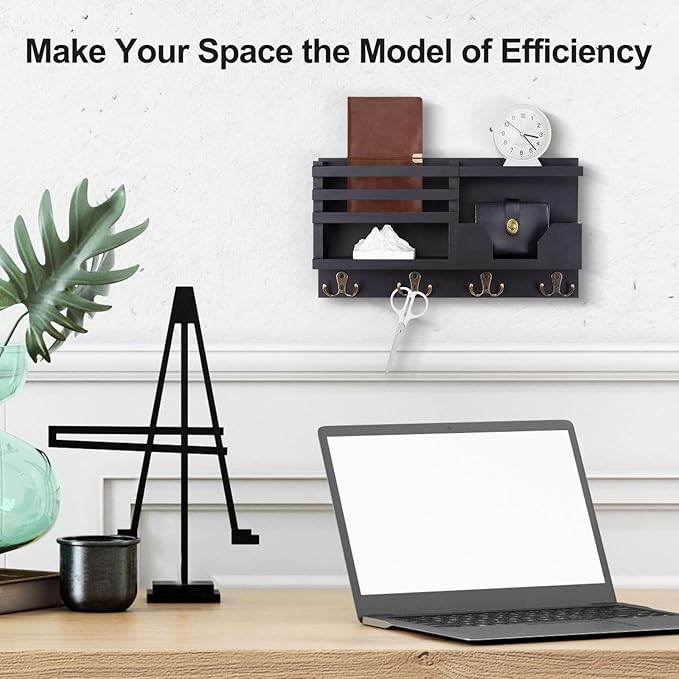 Mail and Key Holder for Wall – Decorative 15.9” x 8.7” x 3.2” Entryway Organizer with Shelf – Paulownia Wood with 4 Dual Hooks Includes Mounting Hardware and Installation Guide