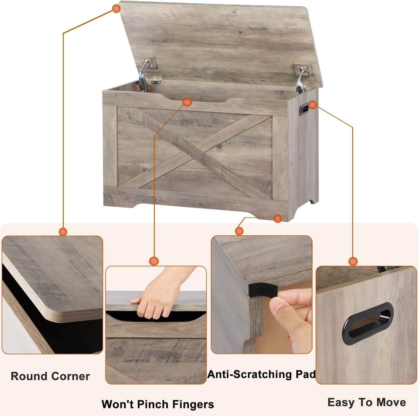 Storage Chest, Wooden Storage Bench, Entryway Shoes Bench with 2 Safety Hinges, Retro Storage Trunk for Living Room,Bedroom, 15.7 x 31.5 x 18.9 Inches, Grey