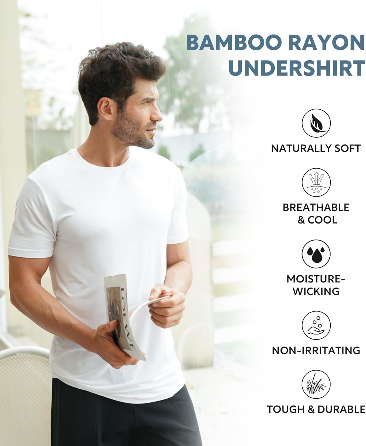 DAVID ARCHY Men's Undershirt Bamboo Rayon Moisture-Wicking Crewneck T-Shirts Stretch Tees for Men, 3 or 5 Pack