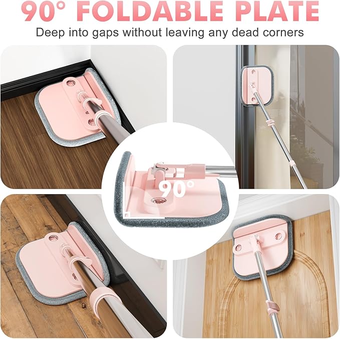 Upgraded Self-Standing Spin Mop and Bucket System, Detachable Inner Mop Bucket Separates Dirty Water & 90° Foldable Head, Triple-Scrub System, 0.9Gal Dual Drainage, for Hardwood Floors (Pink 2 Pads)