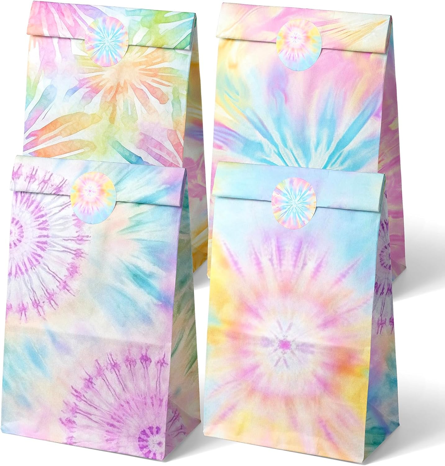 Tie Dye Party Favor Bags – 24 Pcs Pastel Gift Bags with 4 Designs, Paper Goodie for Birthday Party, Hippie Theme Decorations and Supplies