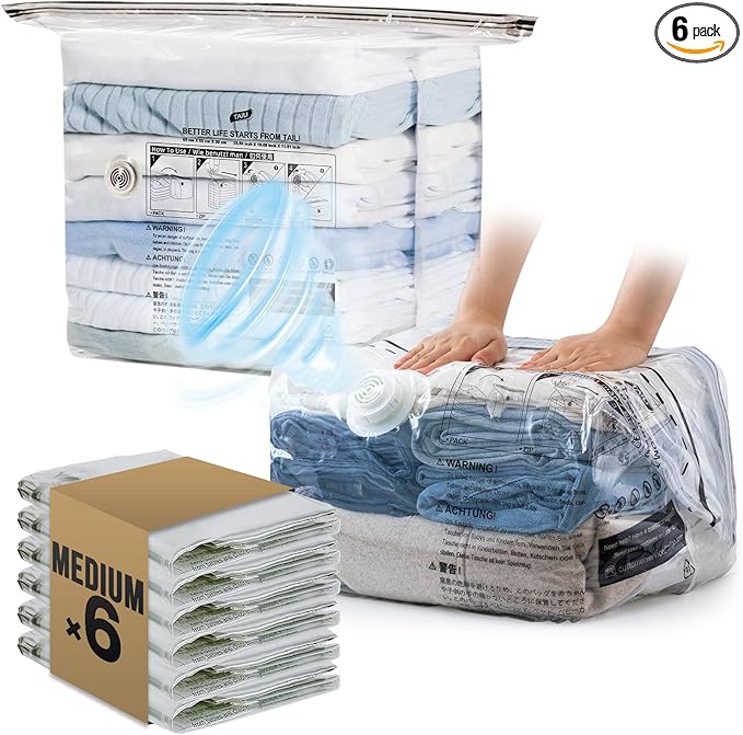 TAILI 6 Pack Cube Vacuum Storage Bags, Medium Size (25x19x11 inch), Vacuum Seal Bags for Clothing, Travel Compression Packing for Clothes, Blankets, Baby Clothes, Travel Essential