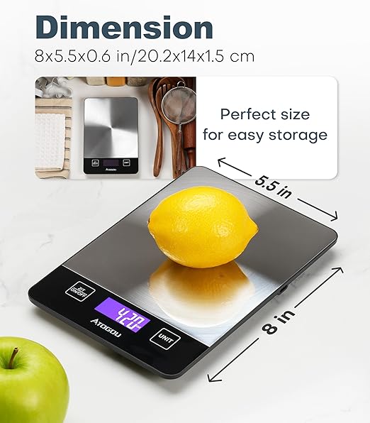 Atogou Food Scale, 33lb Rechargeable Kitchen Scale with Full-View Backlit LCD Display, Waterproof Stainless Steel Surface, Type-C Charging, Grams and Ounces for Baking, Cooking, Food Grey