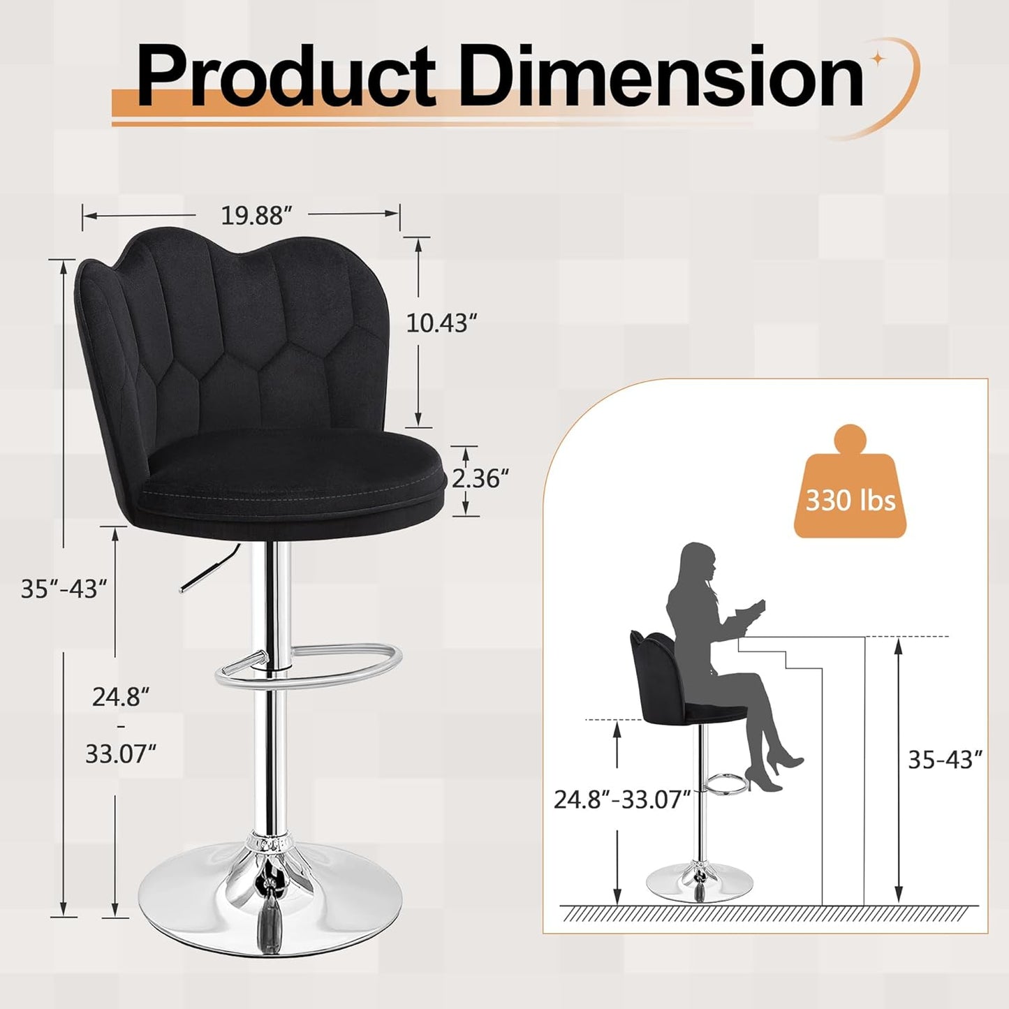 VECELO Bar Stools Set of 4, Adjustable Barstools with Back, Velvet Armless Counter Height Stool Kitchen Island Stool Swivel Bar Chairs for Pub Dining Room Living Room, Black