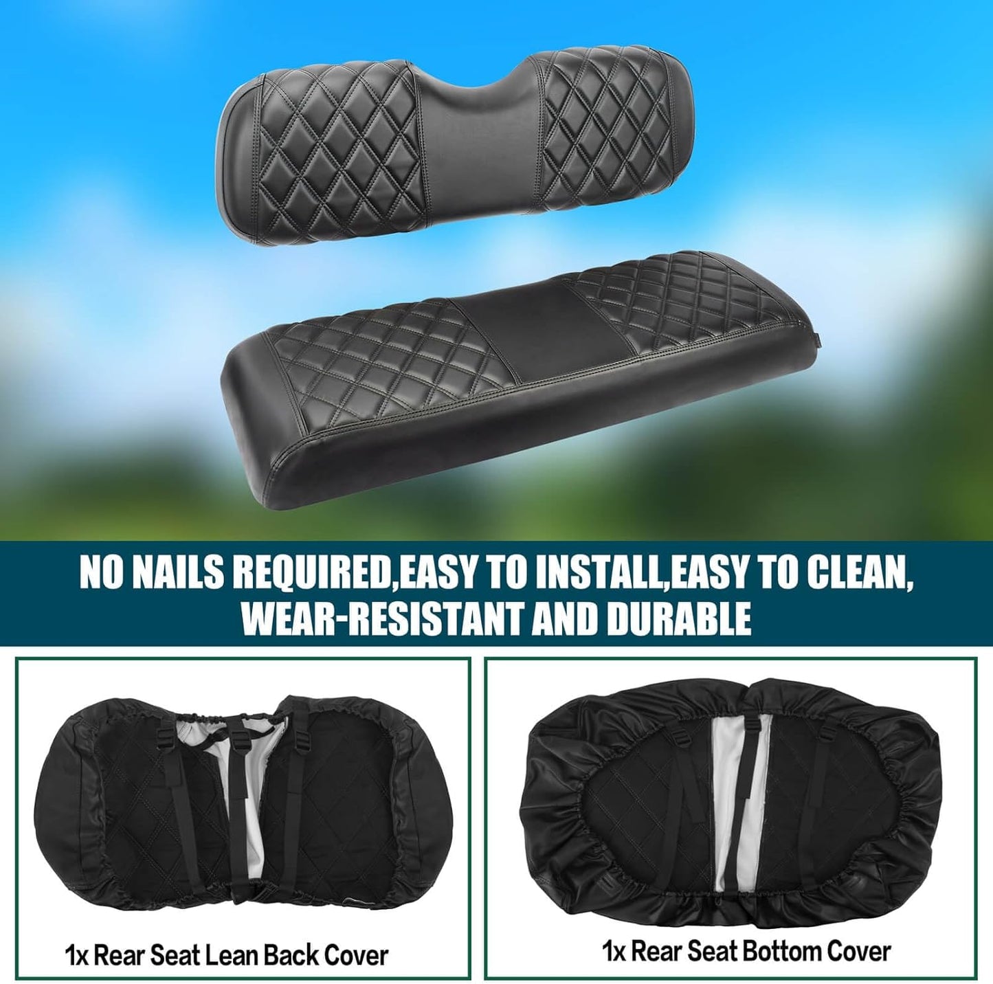 NOKINS Golf Cart RS Diamond Seat Cover for Standard Seat Cushion Aftermarket Back Seat Kit, No Staples Required,Golf Cart Vinyl Replacement Seat Cover Black Stitching