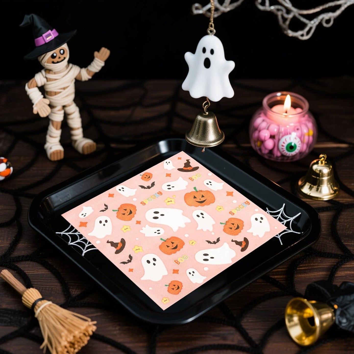 50PCS Pink Halloween Paper Napkins Cartoon Ghost Pumpkin Magic Hat Luncheon Napkins Disposable Dessert Dinner Hand Napkins for Halloween Birthday Party Supplies