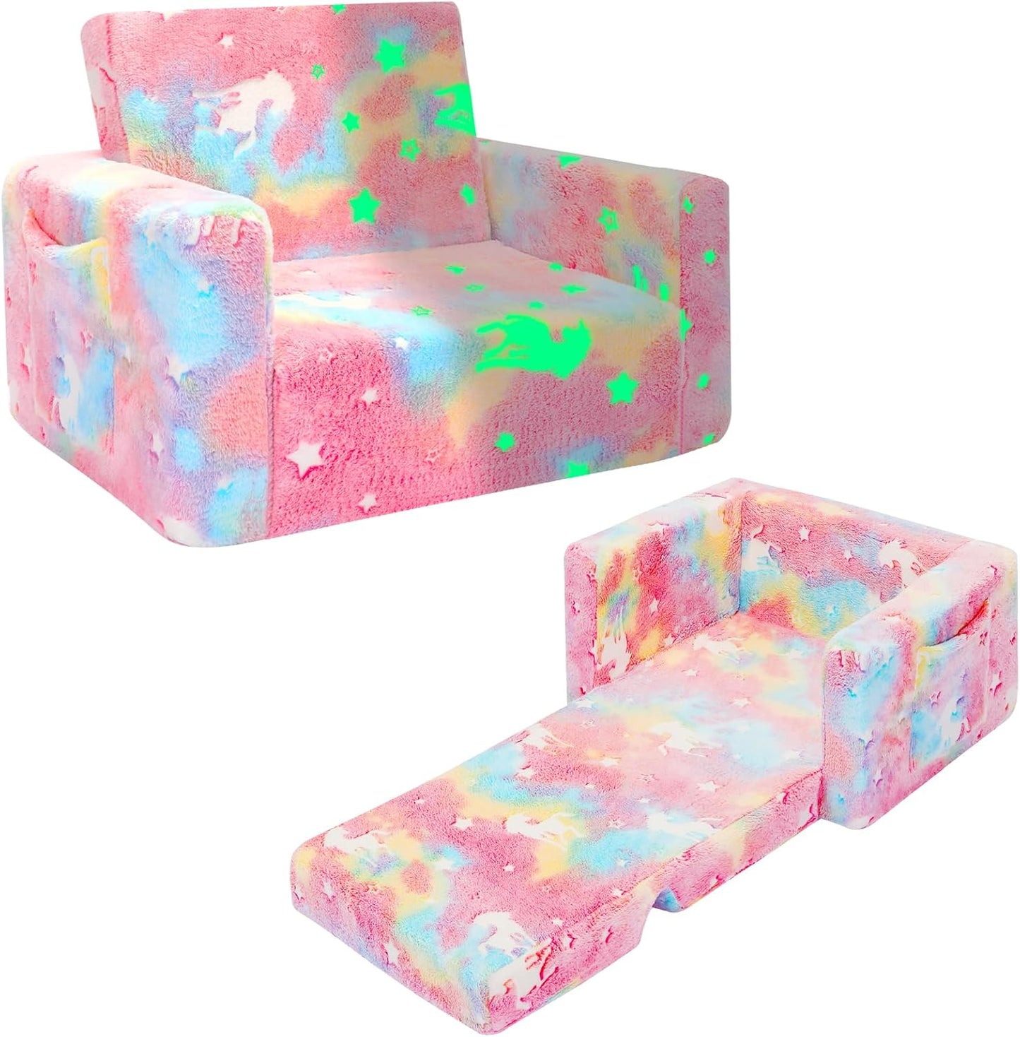 SLIGUY Kids Couch, Toddler Chair, Fold Out Kids Sofa Chair, Convertible Sofa to Lounger Pull Out Couch, Glow in Dark Sofa Chair Birthday Gifts for Boys and Girls (Pink)