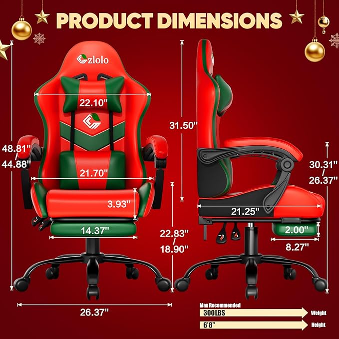 Gaming Chair, Lumbar Support Massage Computer Chair, High Back Gamer Chair, with Footrest and Headrest, Lumbar Pillow, Recline, Wide Seat, Gaming Chairs for Christmas/Birthday Gifts, Red