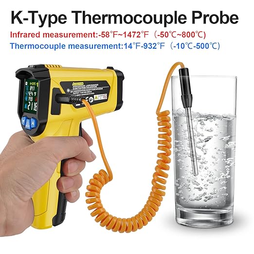 MESTEK Infrared Thermometer Gun, Non-Contact Digital Laser Thermometer Temperature Gun with Probe for Cooking, Home Repairs, IR Temp Gun with Humidity Sensor, Adjustable Emissivity -58°F to 1472°F
