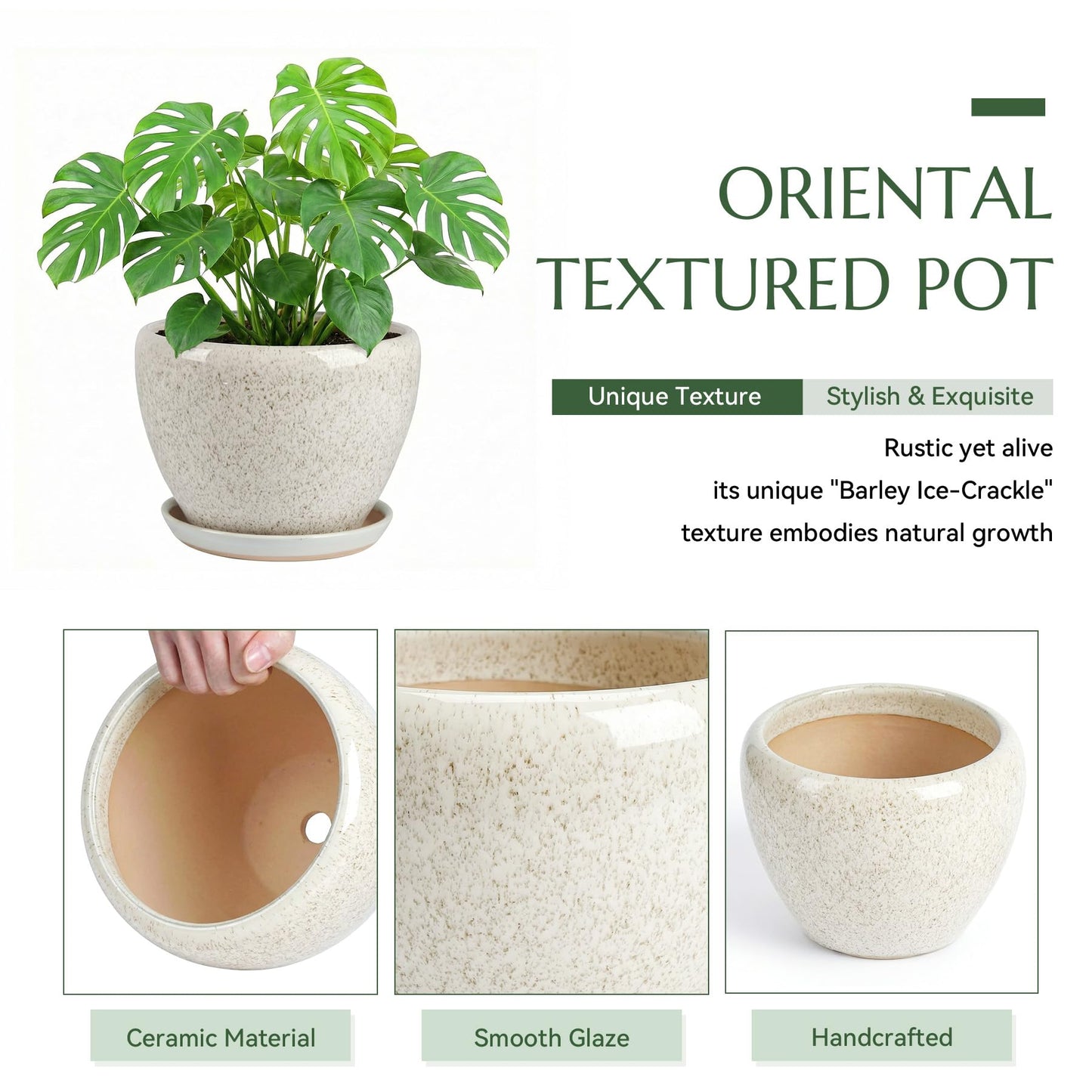 TOSELBAI 8.3 Inch Ceramic Planter with Saucer Leak-Proof Mesh &Drainage, Round Plant Pot with Gardening Gloves for Indoor Outdoor Plants