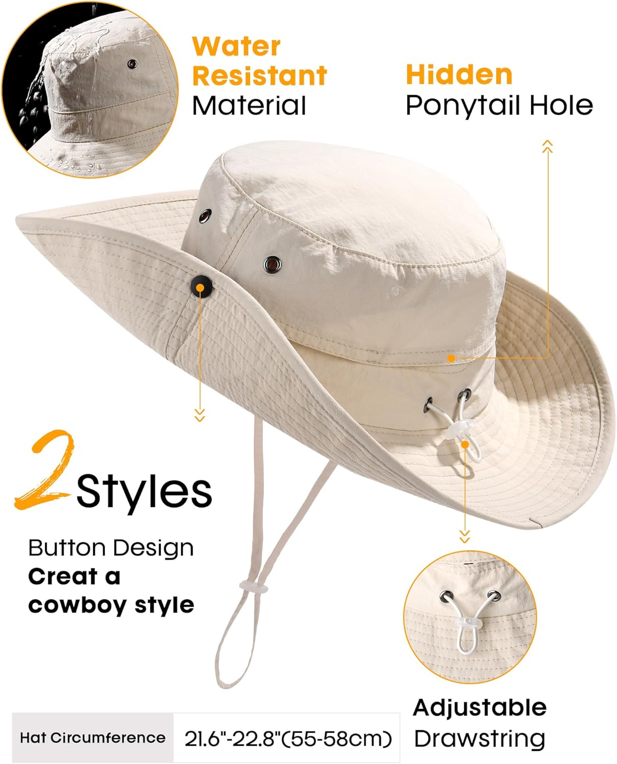 FURTALK Sun Hats for Women Ponytail UPF 50+ Beach Summer Hat Wide Brim Packable Cowboy Hat