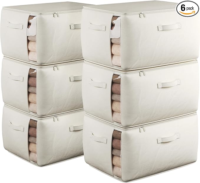 Large Canvas Clothes Storage Bags with Thick Handles and Clear Window, Foldable Cotton Linen Closet Organizer for Clothing, Blankets and Bedding, 70L, 6 Pack, Beige