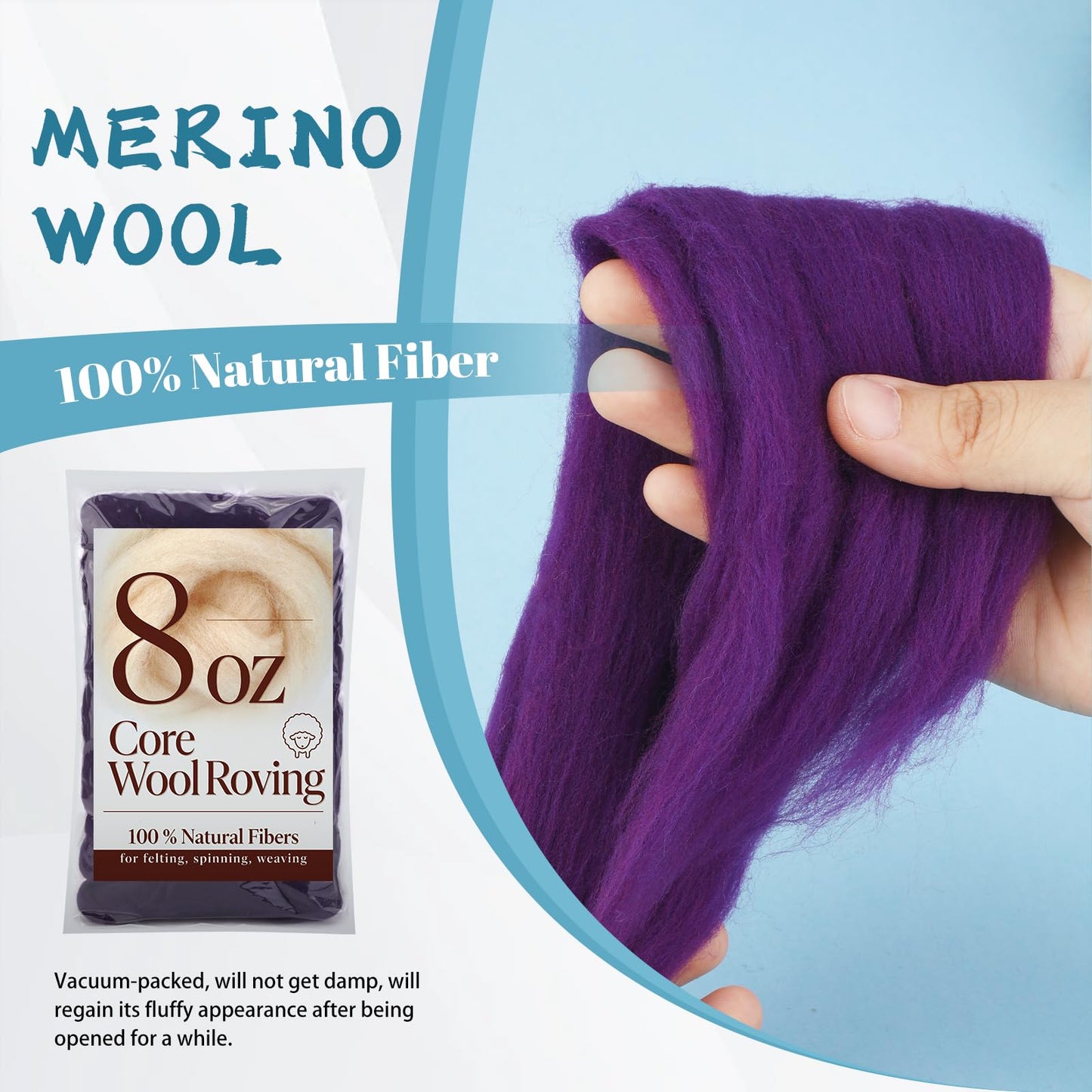 Core Wool for Needle Felting, 8 OZ Merino Wool Roving, Soft Felting Wool for Spinning, Needle Felting Supplies, Chunky Yarn, and Wet Felting, Purple