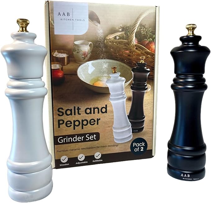 Wooden Black and White, Manual Refilable Large Salt And Pepper Grinder Set, Shaker with Adjustable Ceramic Grinding Mechanism for Customized Coarseness, 8 inches Large, Pack of 2