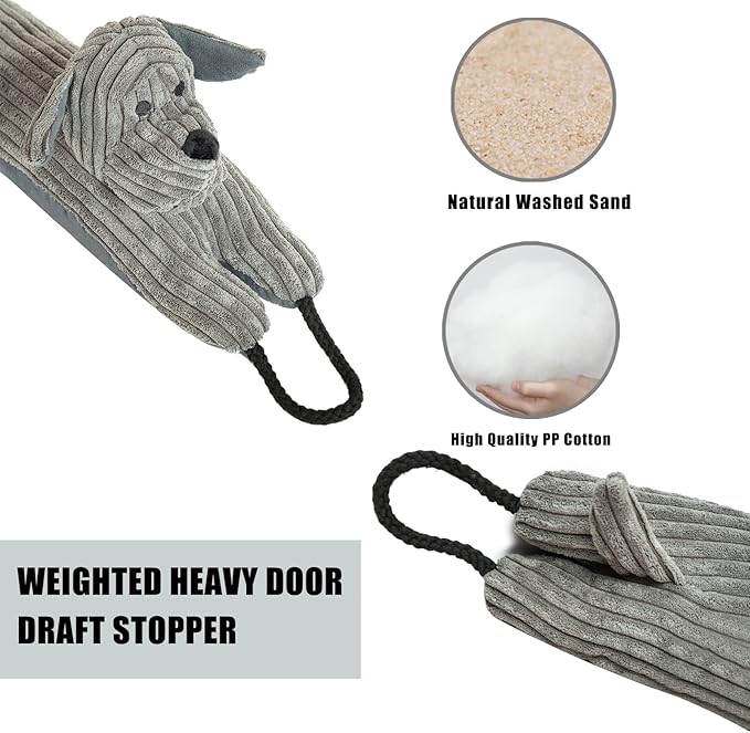 Marwood Under Door Draft Stopper Decorative Wind Stopper 32 inch for Door & Window, Weighted Animal Air Draft Stopper Snake Noise Blocker for Bottom of Door with Hanging Loops - Grey Dog