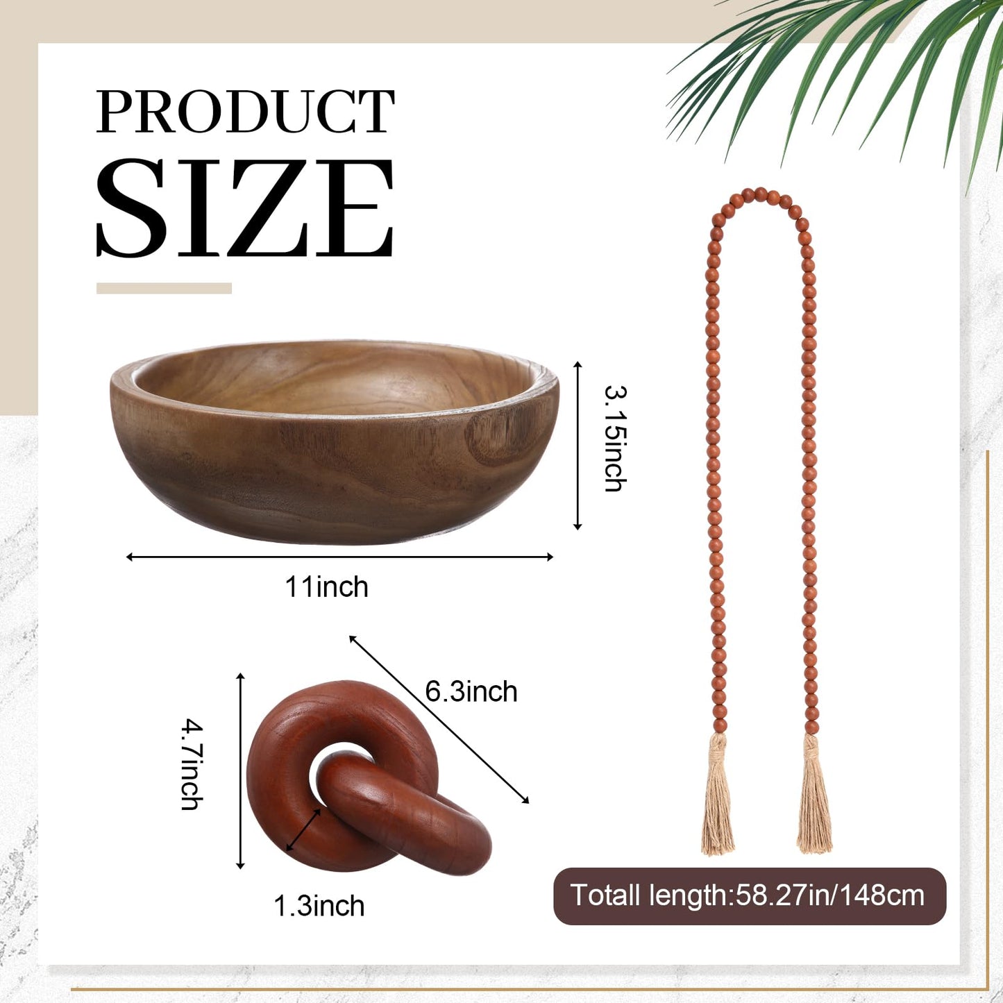Novabright Farmhouse Wooden Decoration Set, Wooden Handmade Bowl, Chain, Beads, Suitable for Home, Bohemian, Coffee Table, Bedroom, Bathroom(Brown)