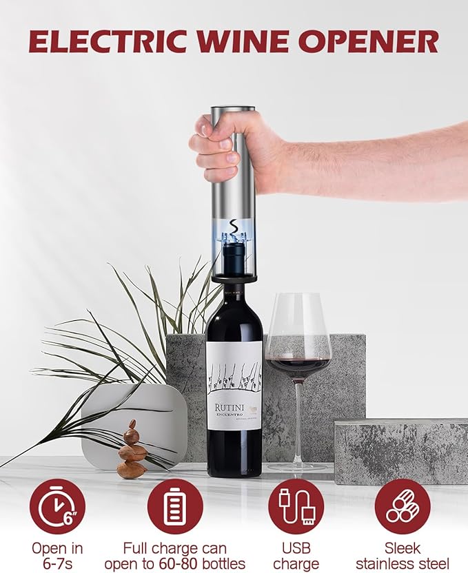 Electric Wine Opener Set, 4 in 1 Electric Wine Bottle Opener, Rechargeable Corkscrew Opener with Aerator, Foil Cutter, Vacuum Stopper, Ideal Present for Christmas, Wine Lovers, Party, Wedding