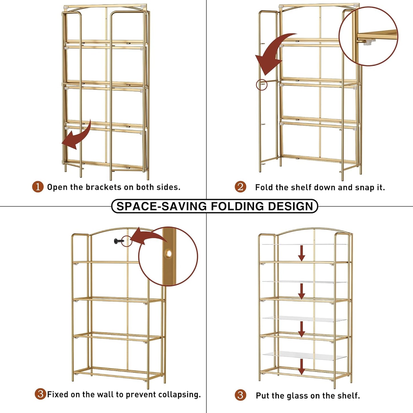 Crofy No Assembly Folding Bookshelf for Living Room, 4 Tier Gold Collapsible Book Shelf for Home Office, Portable Bookcase Storage Organizer