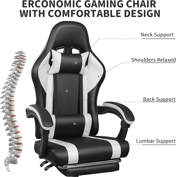 Gaming Chair with Footrest and Massage Lumbar Support, Height Adjustable Game Chair, Video Gaming Chair for Gaming Room, Living Room and Office - Black/White
