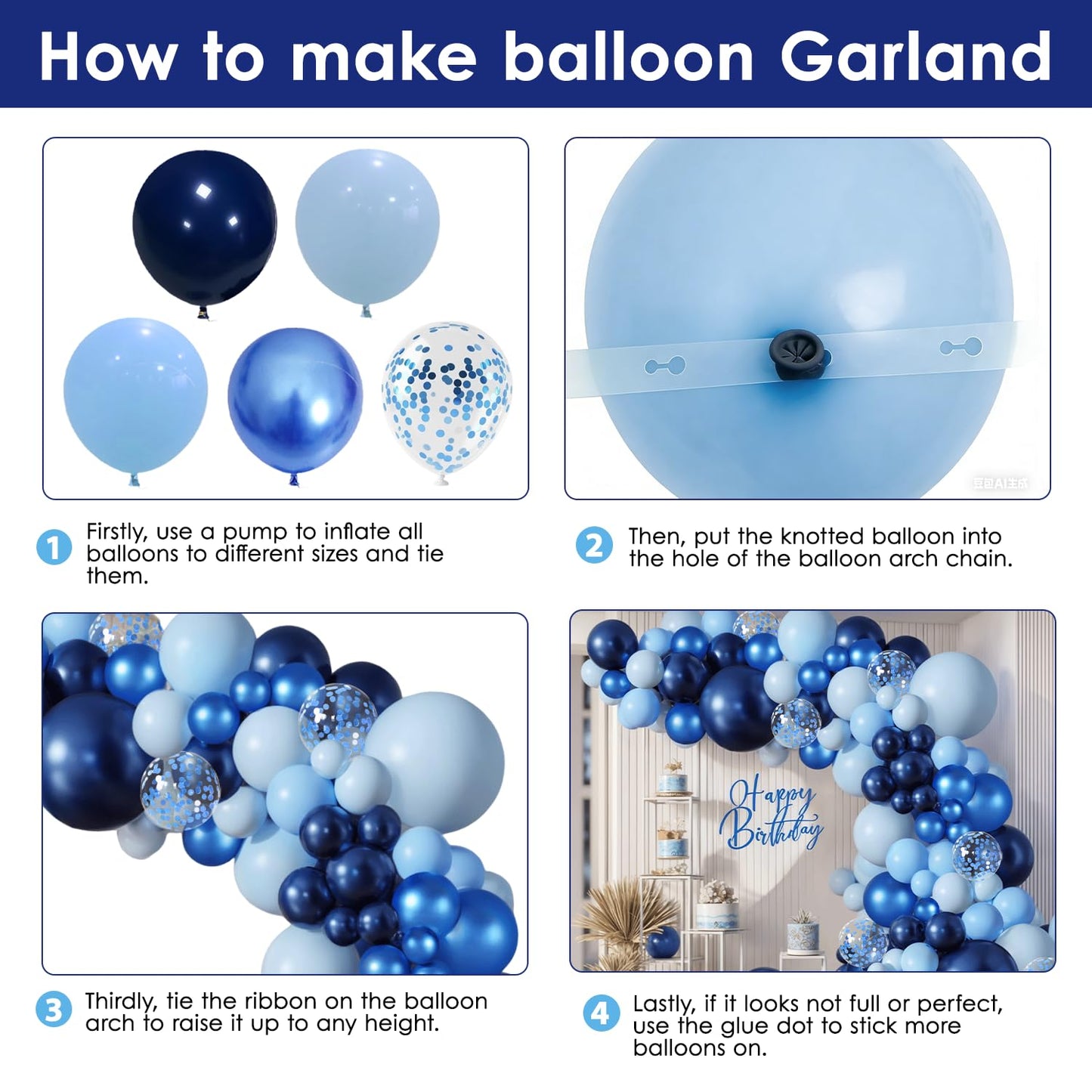 Blue Balloon Arch kit, Navy Dark Metallic Blue and Matte Light Blue Balloons Garland with Blue Confetti Latex Balloons for Birthday Wedding Anniversary Gender Reveal Party Decorations