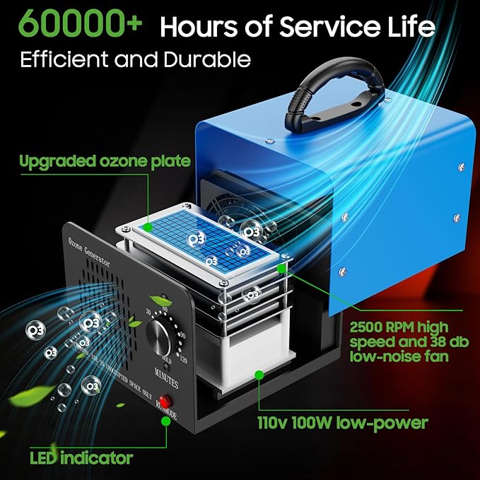 Ozone Generator Machine 100,000mg/h, High Capacity Ozone Odor Eliminator Removal Air Purifier for Home Car Pet & Basement Odor, Suitable for Spaces up to 7,000 Square Feet, Blue