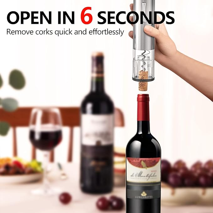 Electric Wine Opener, Rechargeable Automatic Wine Bottle Opener with Foil Cutter, Wine Stopper, LED Light, Type-C Charging Wine Corkscrew for Home Party Wedding, Stainless Steel