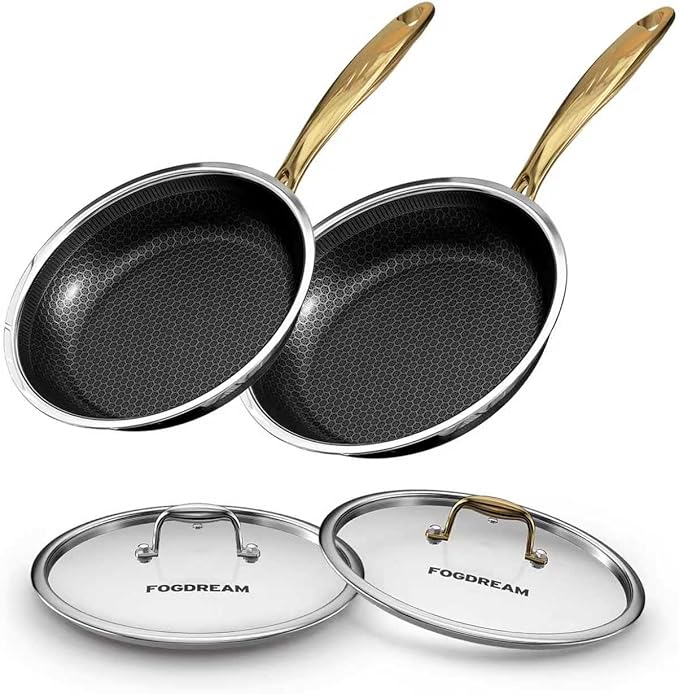 FogDream 2 Pcs Non Stick Frying Pans with 2 Lids, 10 & 11 Inch Stainless Steel Skillets, Tri-Ply Stainless Steel for All Cooktops, Dishwasher & Oven-Safe Cooking Pan, Stay-Cool Handle, Gold